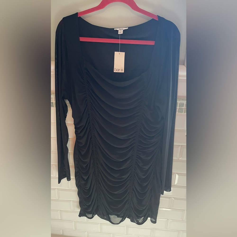 Bar III black mesh overlay black ruche dress. With tags never worn.
